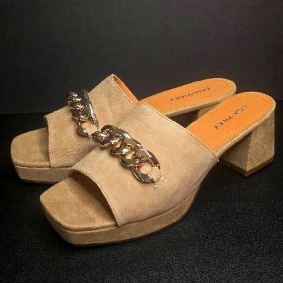 Lisa Vicky Magnetic-V Tan Camel Suede Slip on Heel Sandal Gold Chain - Picture 1 of 1